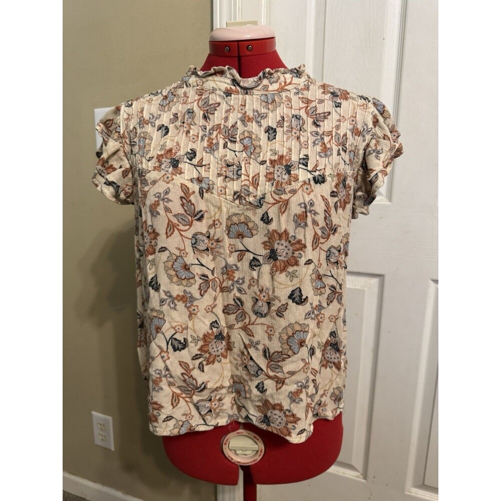 Dear John Womens Medium Floral Ruffle Mock Neck Blouse Cream Boho Cottagecore